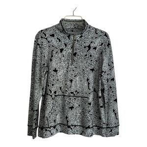 Jones New York Black/White Paisley Patterned 3/4 Sleeve Front Half Zip Top